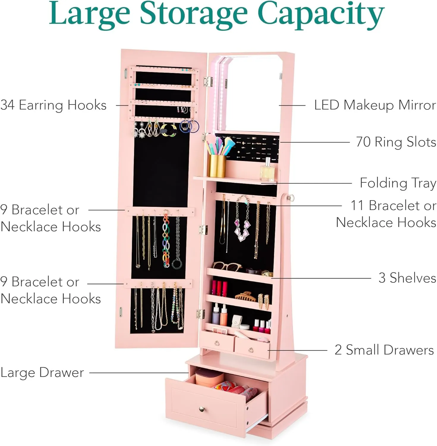 Best Choice Products 360 Swivel Mirrored Jewelry Cabinet, Standing Armoire, Makeup Storage Organizer, w/LED-lit Mirror, 3 Shelves - Dusty Pink