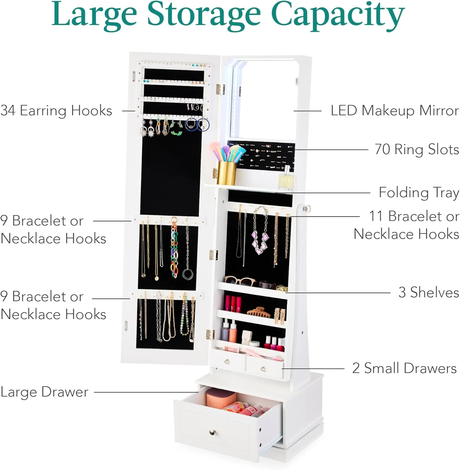 Best Choice Products 360 Swivel Mirrored Jewelry Cabinet, Standing Armoire, Makeup Storage Organizer, w/LED-lit Mirror, 3 Shelves - White