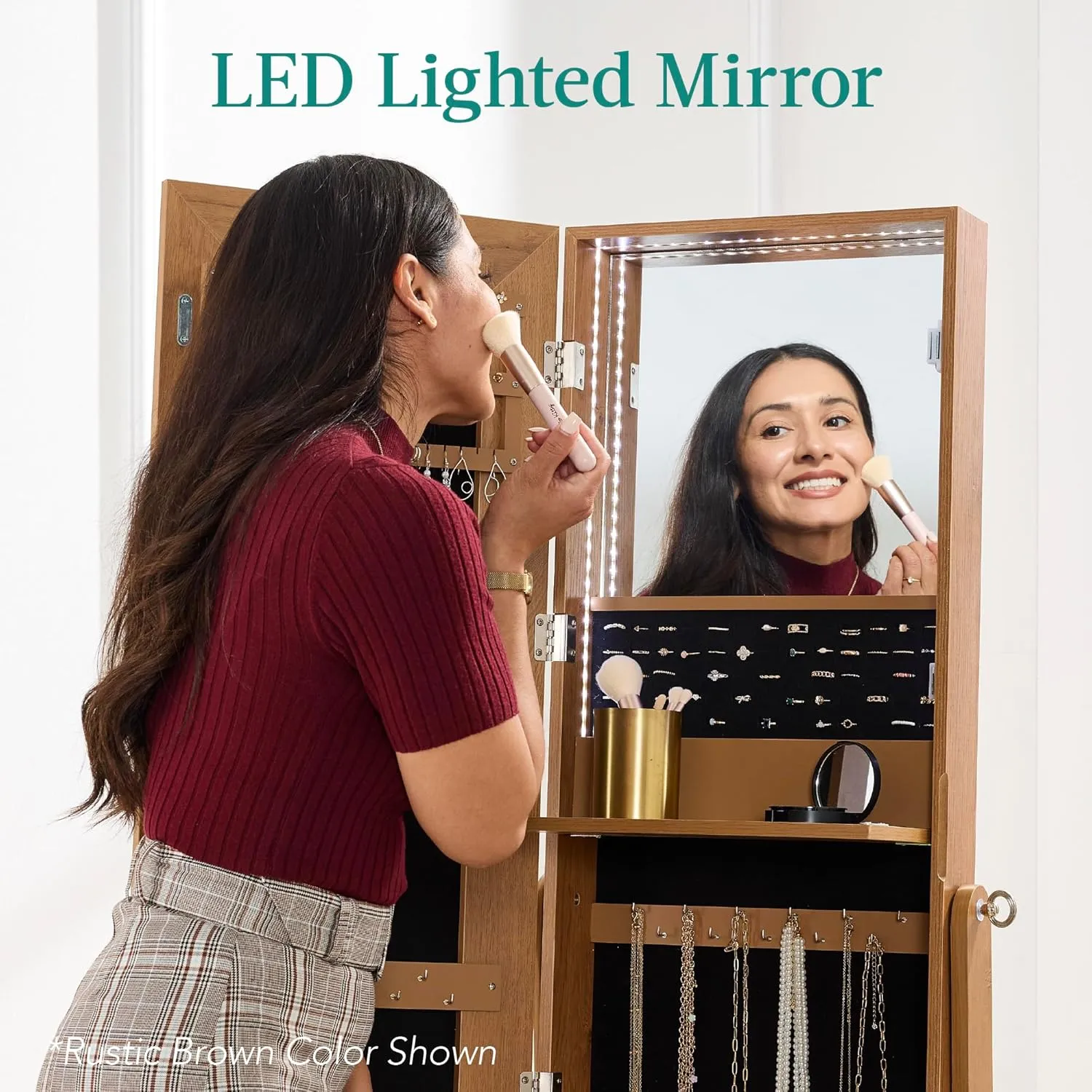 Best Choice Products 360 Swivel Mirrored Jewelry Cabinet, Standing Armoire, Makeup Storage Organizer, w/LED-lit Mirror, 3 Shelves - White