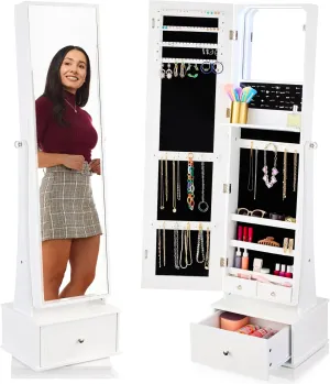 Best Choice Products 360 Swivel Mirrored Jewelry Cabinet, Standing Armoire, Makeup Storage Organizer, w/LED-lit Mirror, 3 Shelves - White