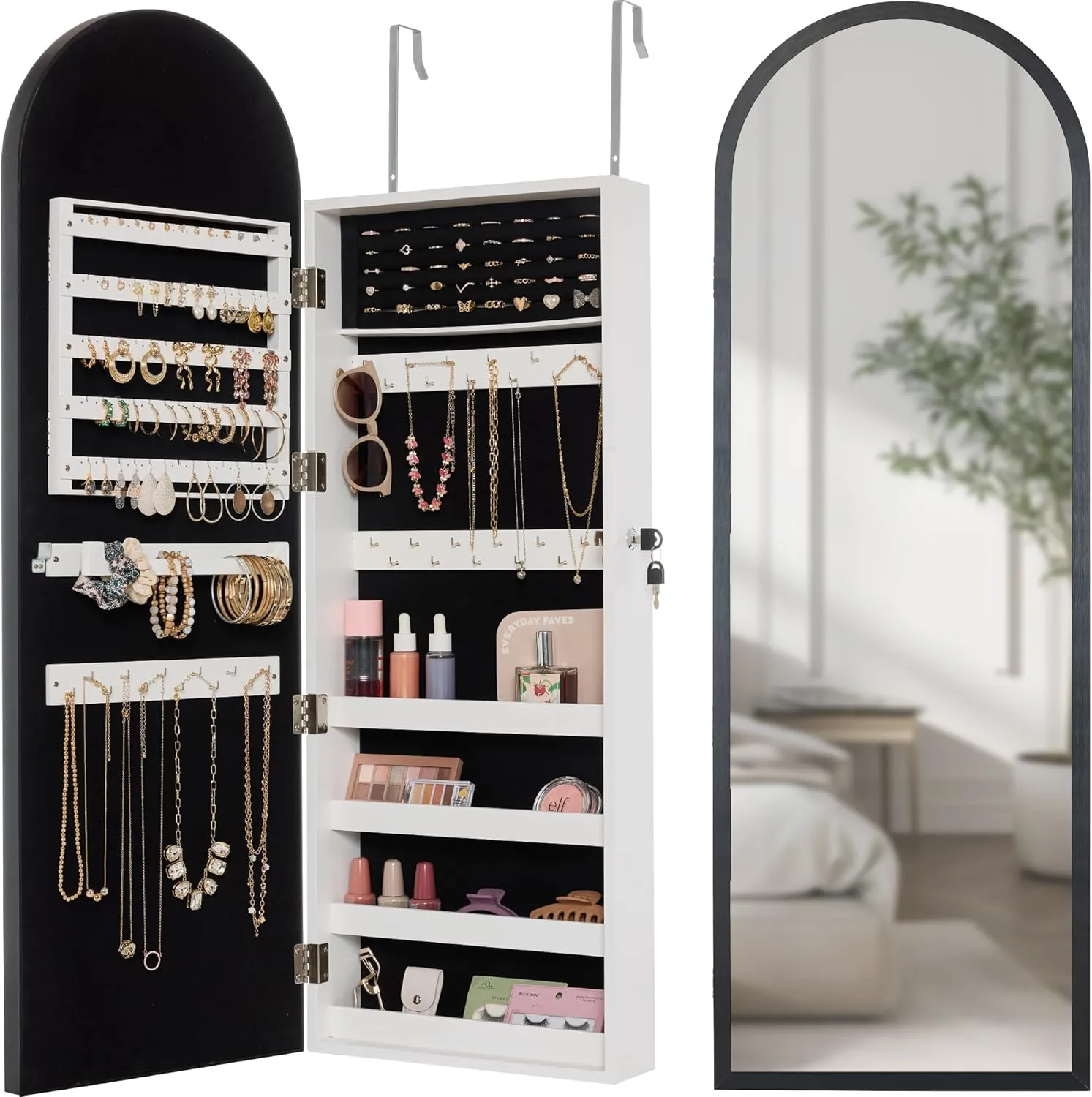 Best Choice Products Arch Mirror Jewelry Cabinet, Jewelry Storage Organizer, Armoire, Lockable Wall or Door Mountable, Full-Length Mirror - Black