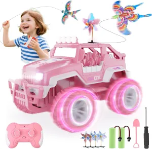 BEZGAR Remote Control Car for Girls - 1:16 Pink RC Cars with 2 Mini Kite & 4 Windmills, 2.4GHz with LED Lights, 80 Mins Play with Rechargeable Battery, Monster Truck Jeep Toys Birthday Gifts for Kids