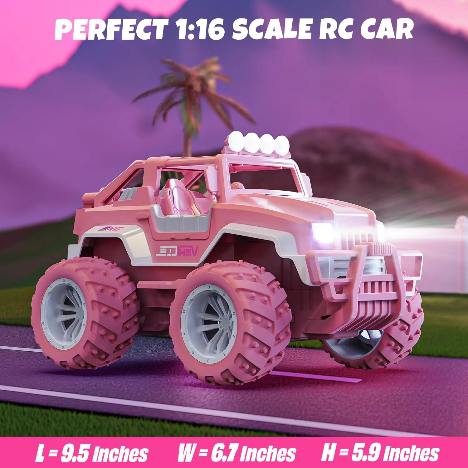 BEZGAR Remote Control Car for Girls - 1:16 Pink RC Cars with 2 Mini Kite & 4 Windmills, 2.4GHz with LED Lights, 80 Mins Play with Rechargeable Battery, Monster Truck Jeep Toys Birthday Gifts for Kids