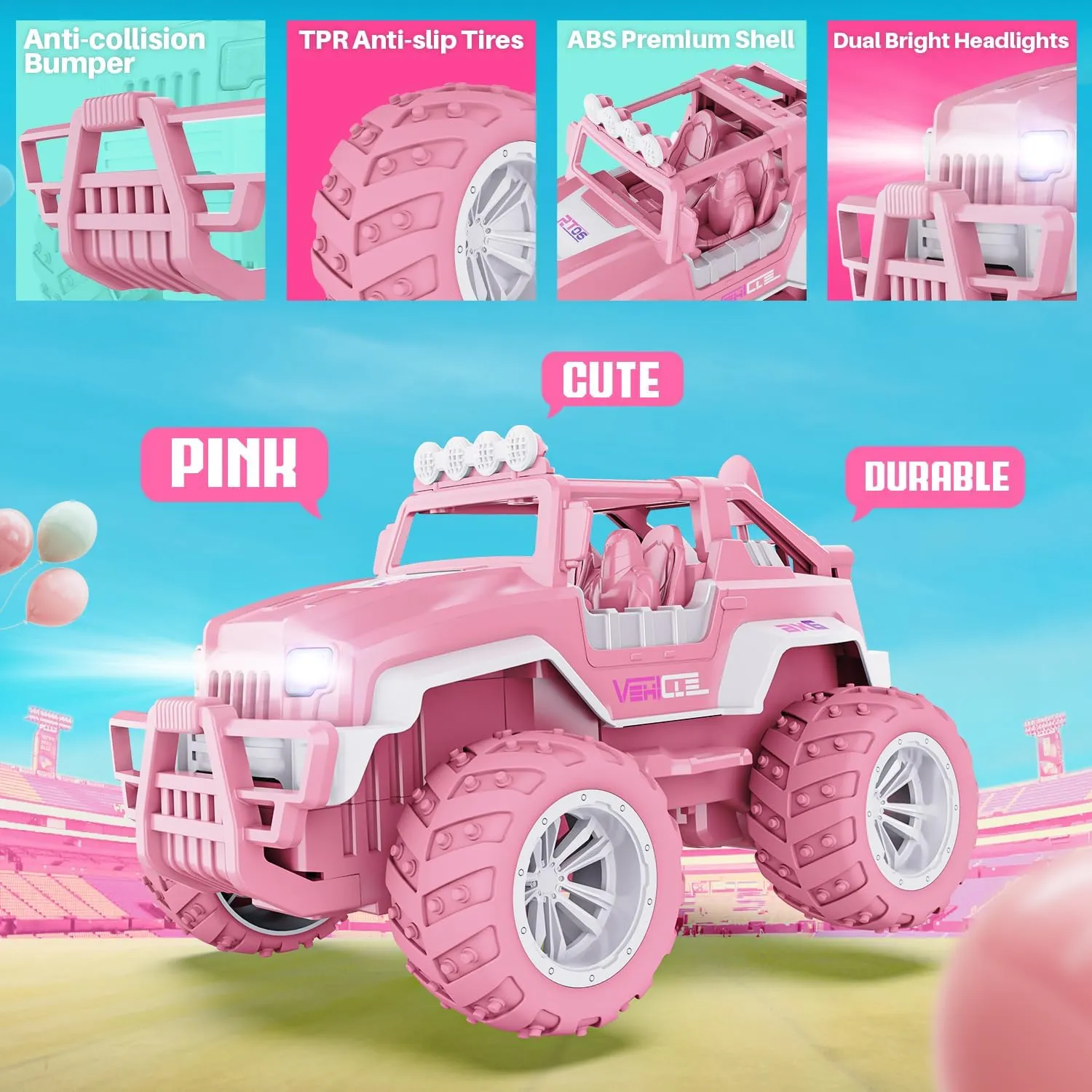 BEZGAR Remote Control Car for Girls - 1:16 Pink RC Cars with 2 Mini Kite & 4 Windmills, 2.4GHz with LED Lights, 80 Mins Play with Rechargeable Battery, Monster Truck Jeep Toys Birthday Gifts for Kids