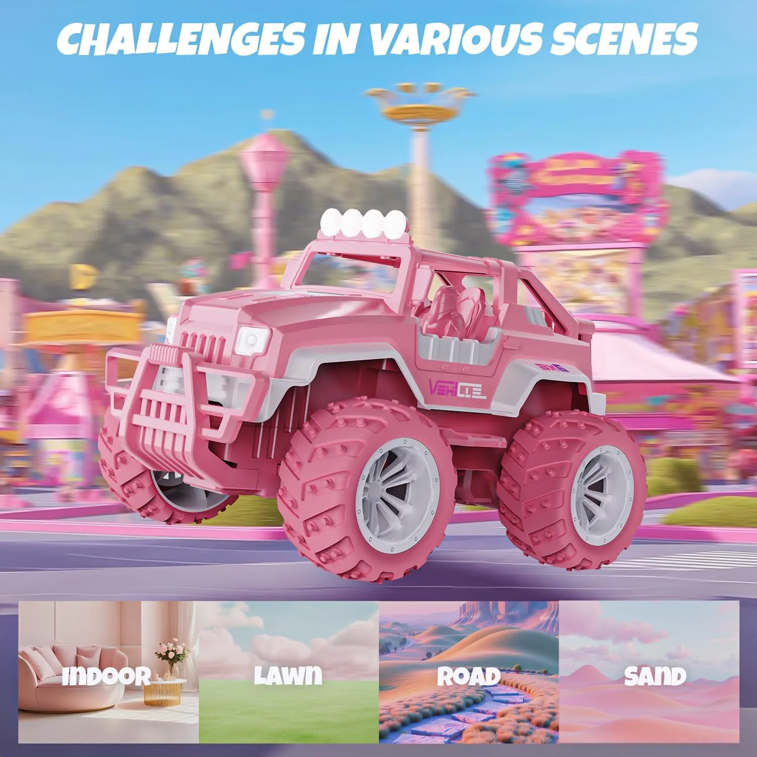BEZGAR Remote Control Car for Girls - 1:16 Pink RC Cars with 2 Mini Kite & 4 Windmills, 2.4GHz with LED Lights, 80 Mins Play with Rechargeable Battery, Monster Truck Jeep Toys Birthday Gifts for Kids