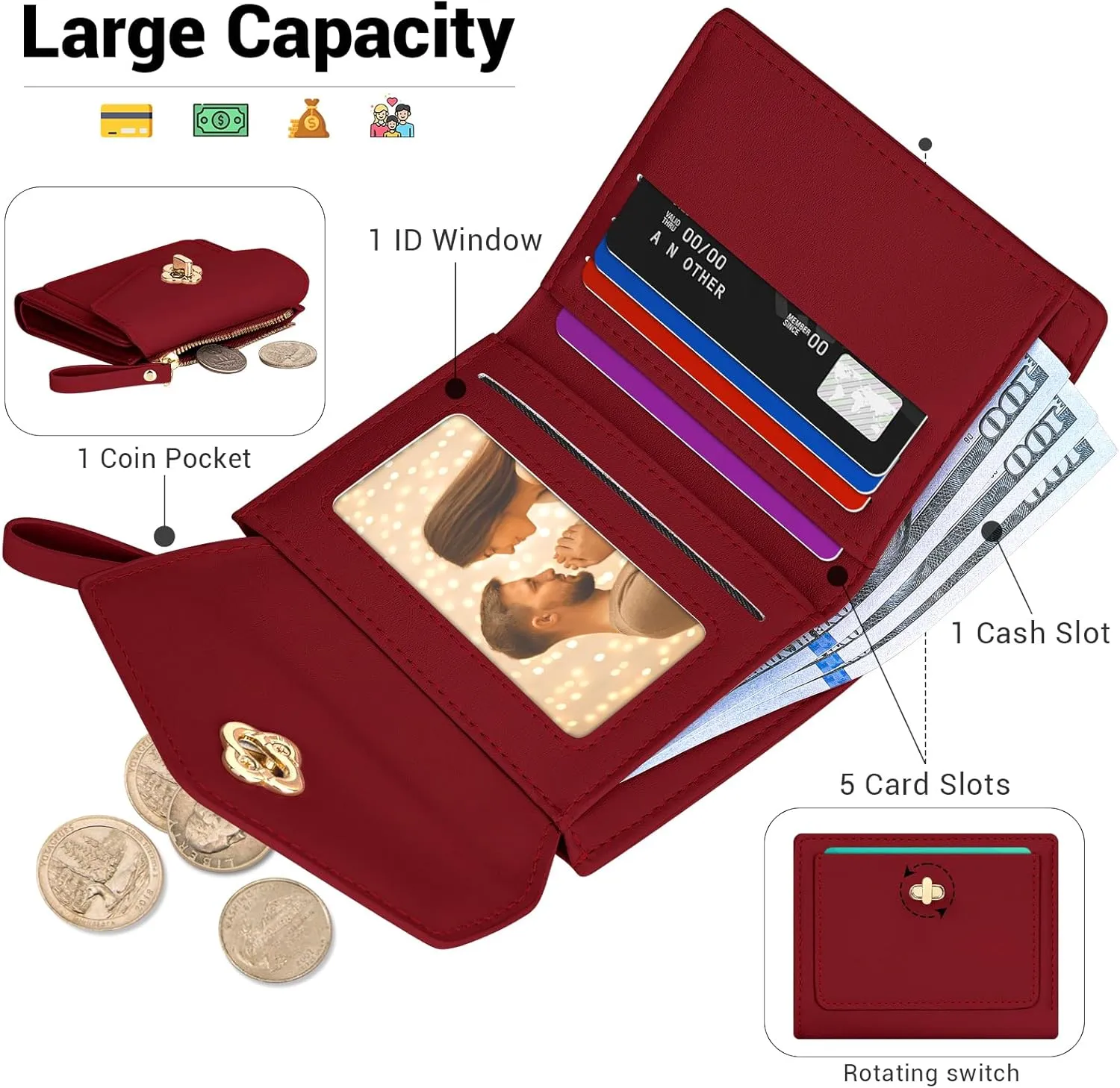 BIAOTIE Small Wallet for Women Leather Bifold Pocket Wallet RFID Blocking Credit Card Holder Cute Purse with Zipper Coin Pocket (Red)