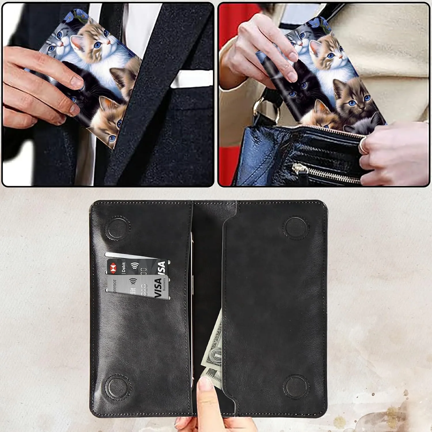 Bifold Wallet for Men Women,Dual Magnetic Clasp Closure PU Leather Long Wallet Clutch Bag with RFID Blocking Money Phone Pockets   Card Slots,Cute Cat