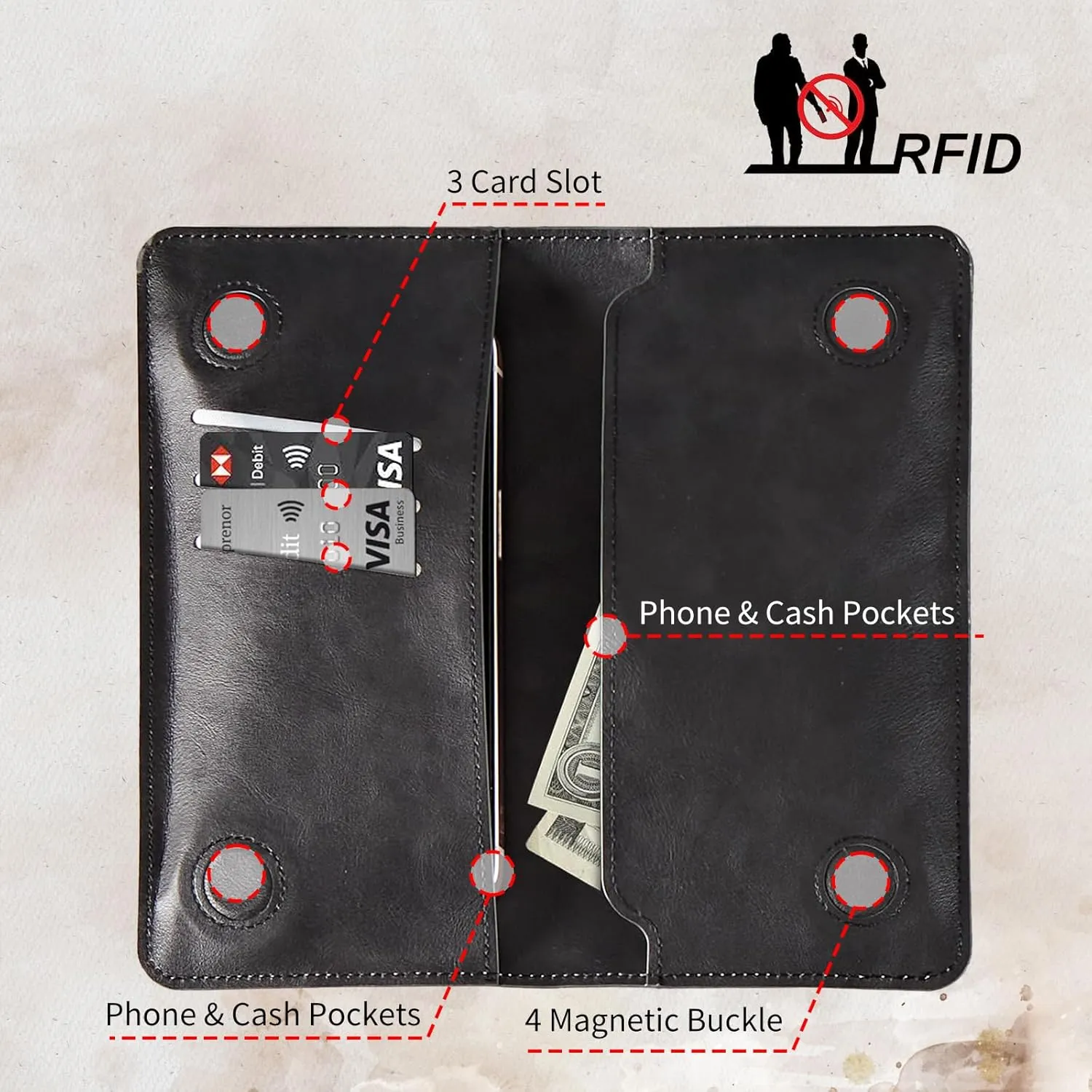 Bifold Wallet for Men Women,Dual Magnetic Clasp Closure PU Leather Long Wallet Clutch Bag with RFID Blocking Money Phone Pockets   Card Slots,Cute Cat