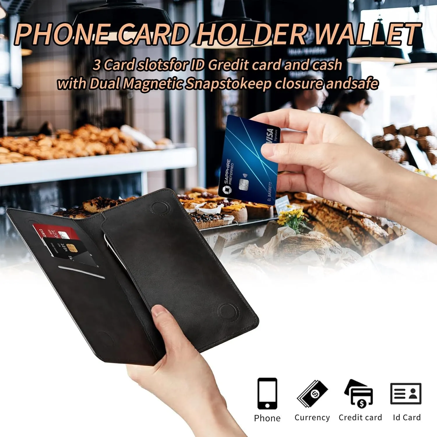 Bifold Wallet for Men Women,Dual Magnetic Clasp Closure PU Leather Long Wallet Clutch Bag with RFID Blocking Money Phone Pockets   Card Slots,Cute Cat
