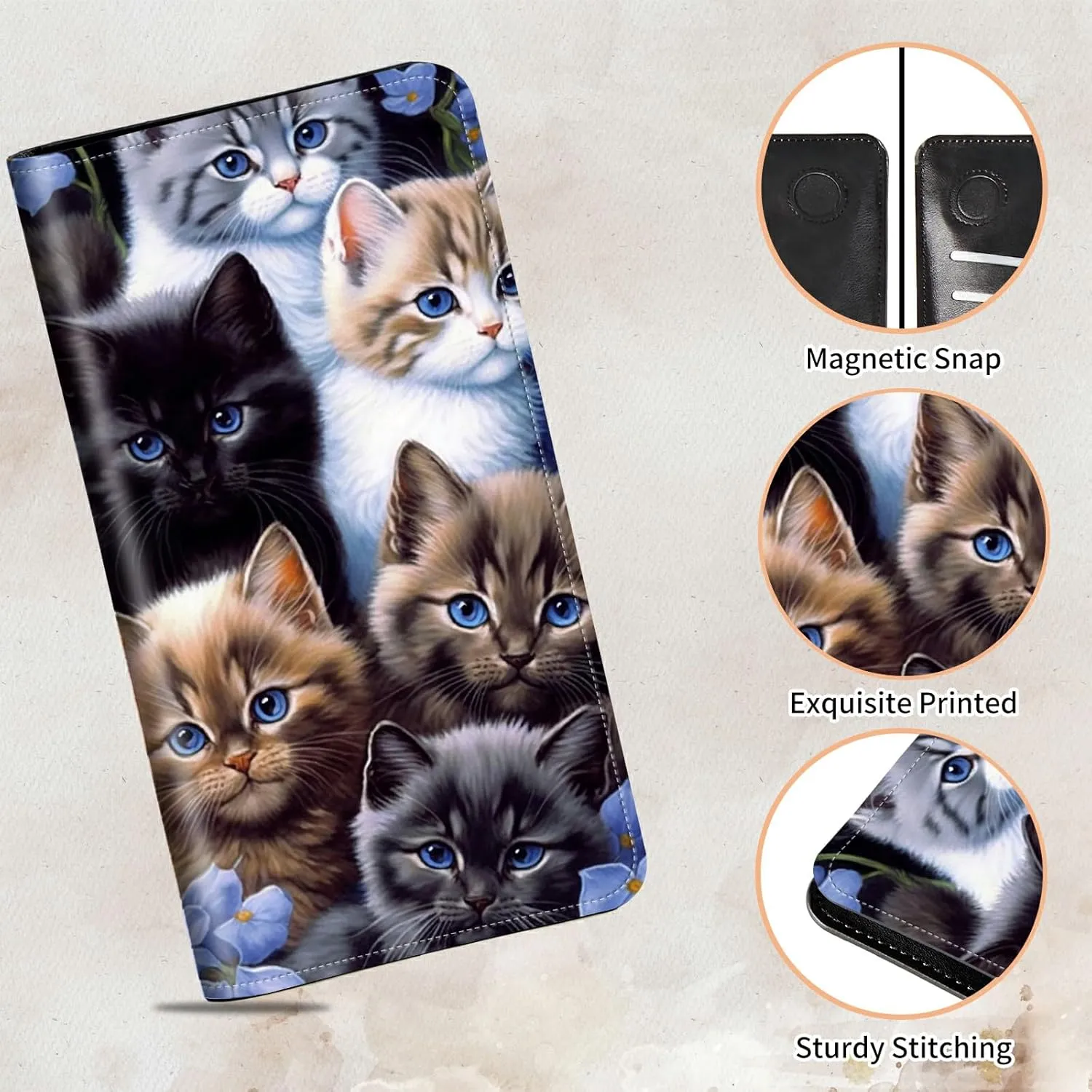 Bifold Wallet for Men Women,Dual Magnetic Clasp Closure PU Leather Long Wallet Clutch Bag with RFID Blocking Money Phone Pockets   Card Slots,Cute Cat
