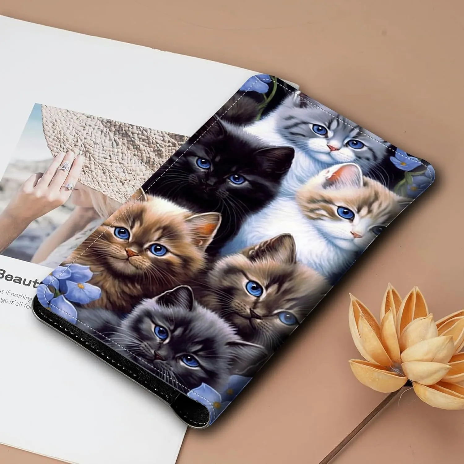 Bifold Wallet for Men Women,Dual Magnetic Clasp Closure PU Leather Long Wallet Clutch Bag with RFID Blocking Money Phone Pockets   Card Slots,Cute Cat