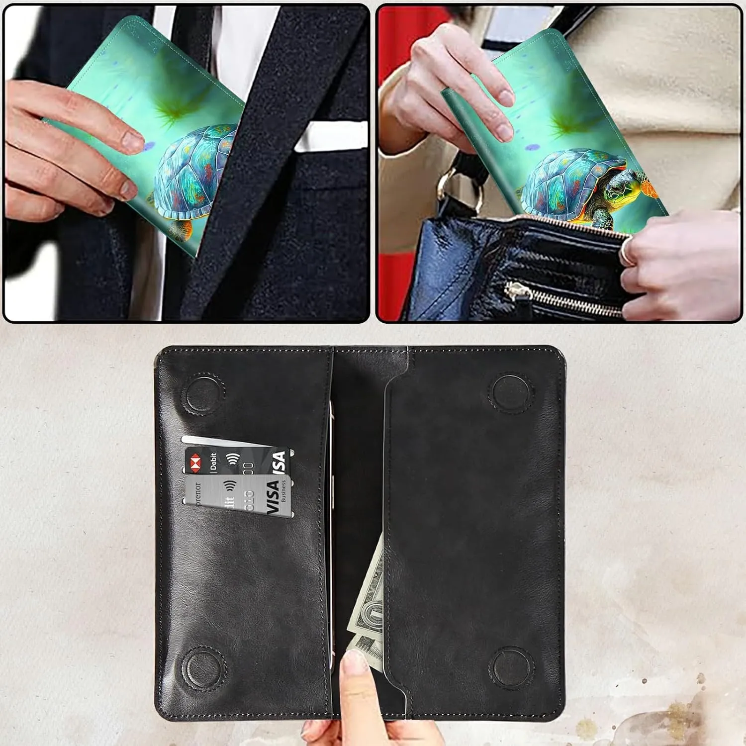 Bifold Wallet for Men Women,Dual Magnetic Clasp Closure PU Leather Long Wallet Clutch Bag with RFID Blocking Money Phone Pockets   Card Slots,Turtle