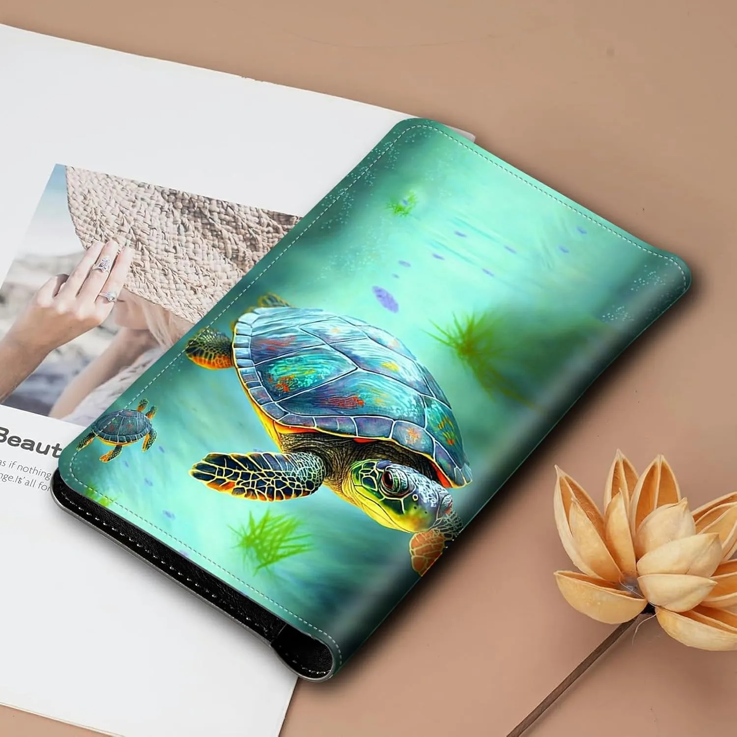 Bifold Wallet for Men Women,Dual Magnetic Clasp Closure PU Leather Long Wallet Clutch Bag with RFID Blocking Money Phone Pockets   Card Slots,Turtle