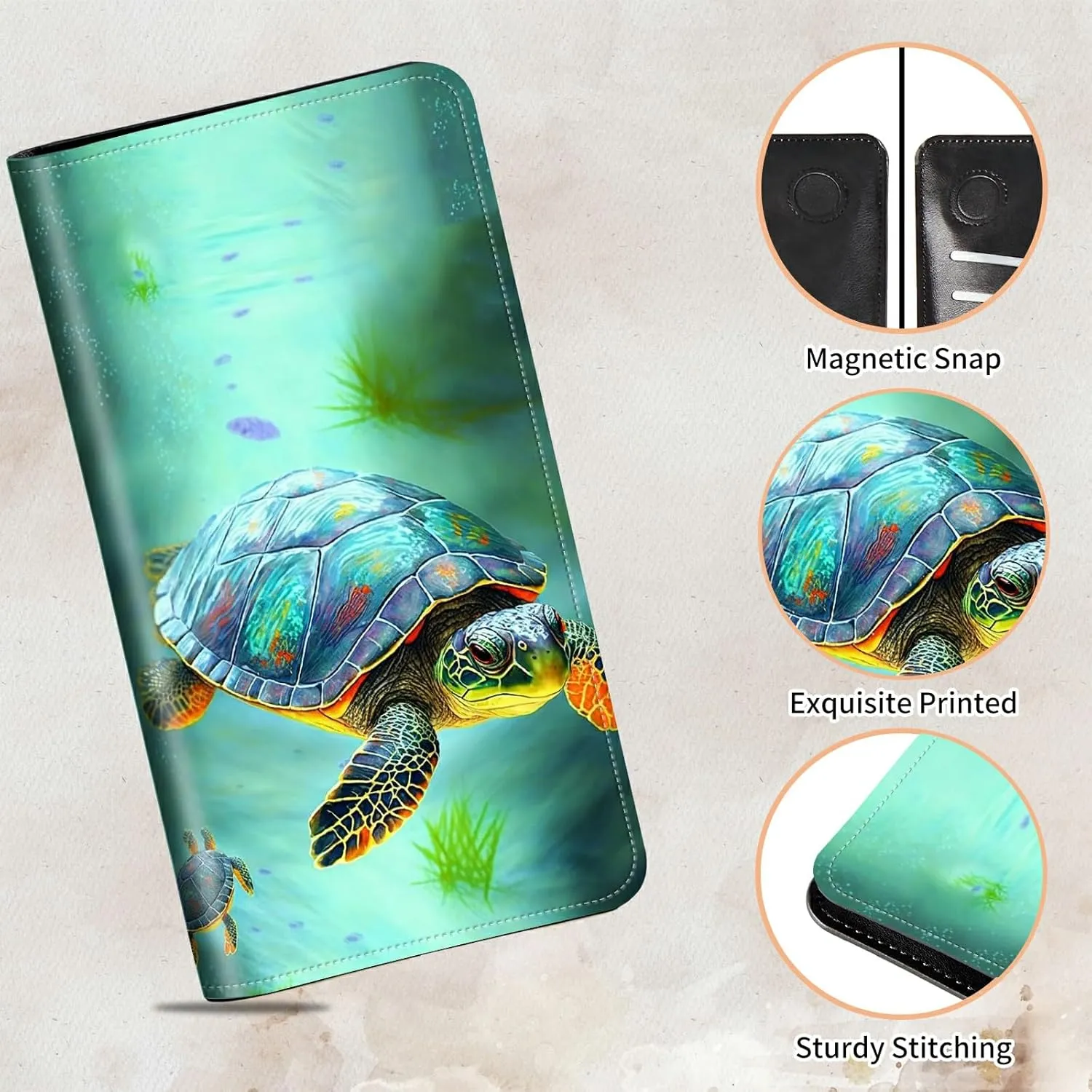 Bifold Wallet for Men Women,Dual Magnetic Clasp Closure PU Leather Long Wallet Clutch Bag with RFID Blocking Money Phone Pockets   Card Slots,Turtle