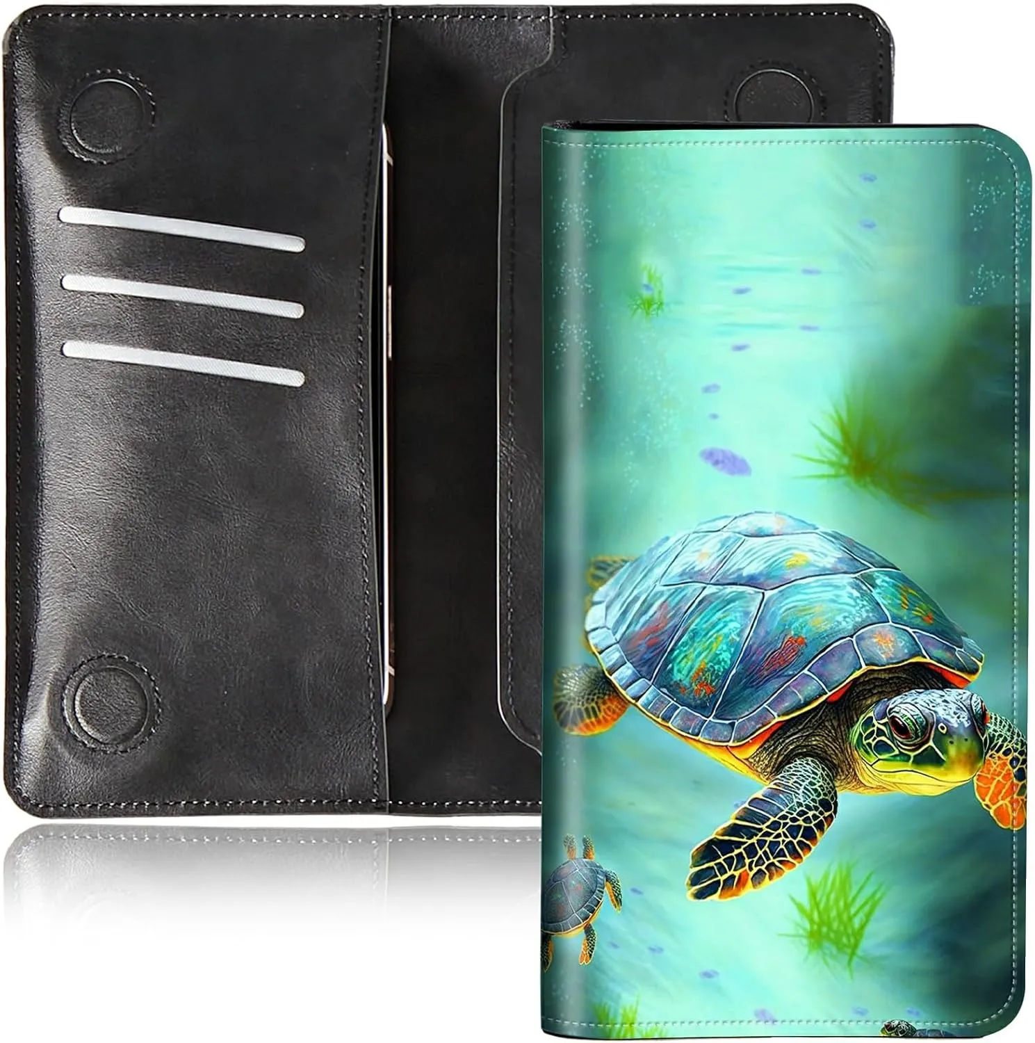 Bifold Wallet for Men Women,Dual Magnetic Clasp Closure PU Leather Long Wallet Clutch Bag with RFID Blocking Money Phone Pockets   Card Slots,Turtle