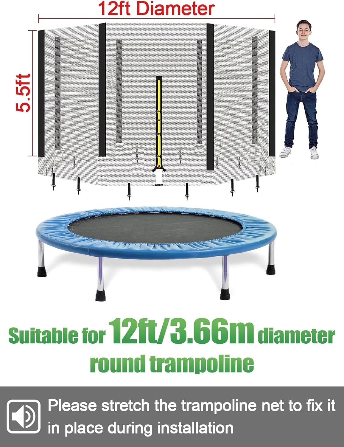 Biggun Trampoline Net - Replacement Enclosure Safety Net for Straight Poles Round Frames Trampoline, Nylon Barrier Net Parts with Double Zipper and Protection Buckles