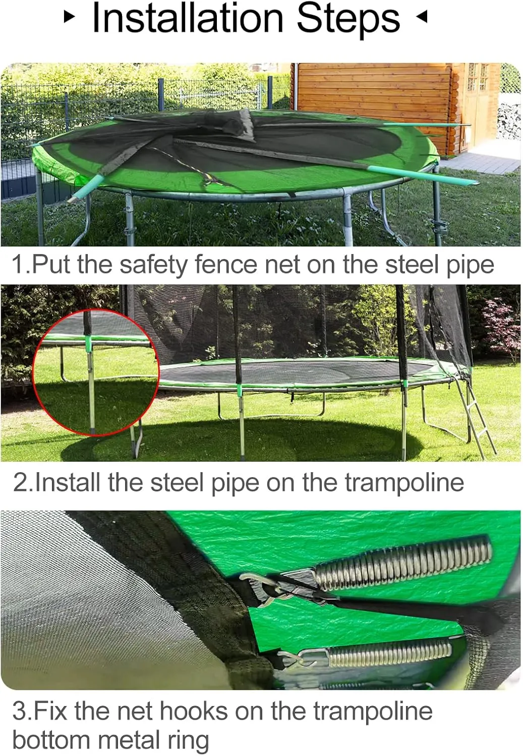 Biggun Trampoline Net - Replacement Enclosure Safety Net for Straight Poles Round Frames Trampoline, Nylon Barrier Net Parts with Double Zipper and Protection Buckles