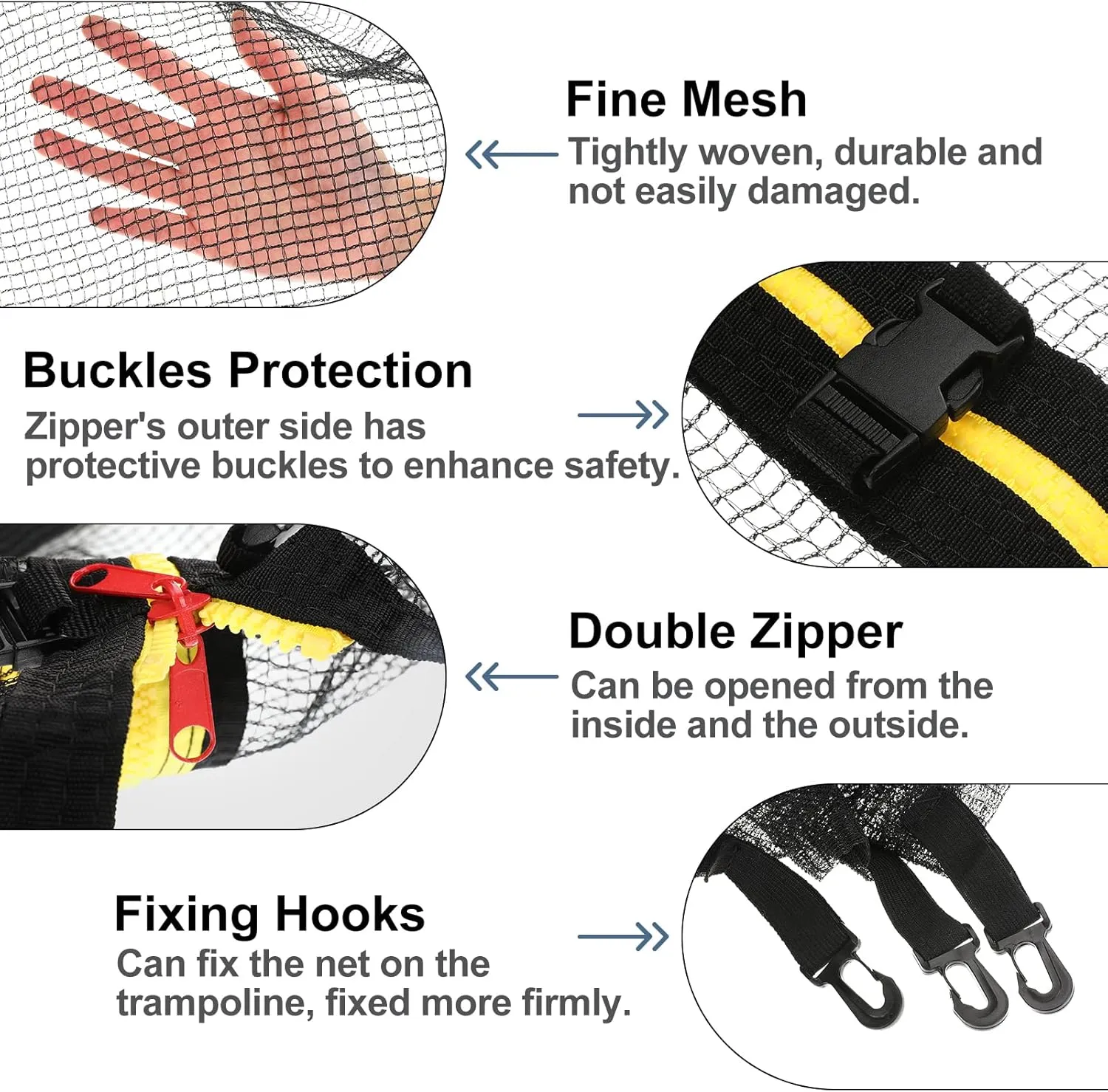 Biggun Trampoline Net - Replacement Enclosure Safety Net for Straight Poles Round Frames Trampoline, Nylon Barrier Net Parts with Double Zipper and Protection Buckles