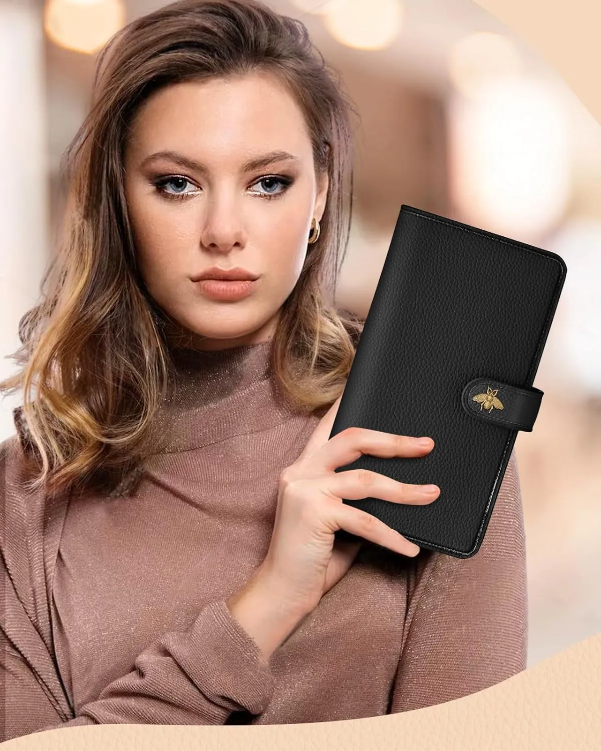 Bistup 【46 Slots Credit Card Holder for Women Ladies Female Teen Girls Rfid Genuine Leather Cardholder Large Capacity Size Big Billfold Wallets Black Bee Cute Girly Aesthetic Print Unique