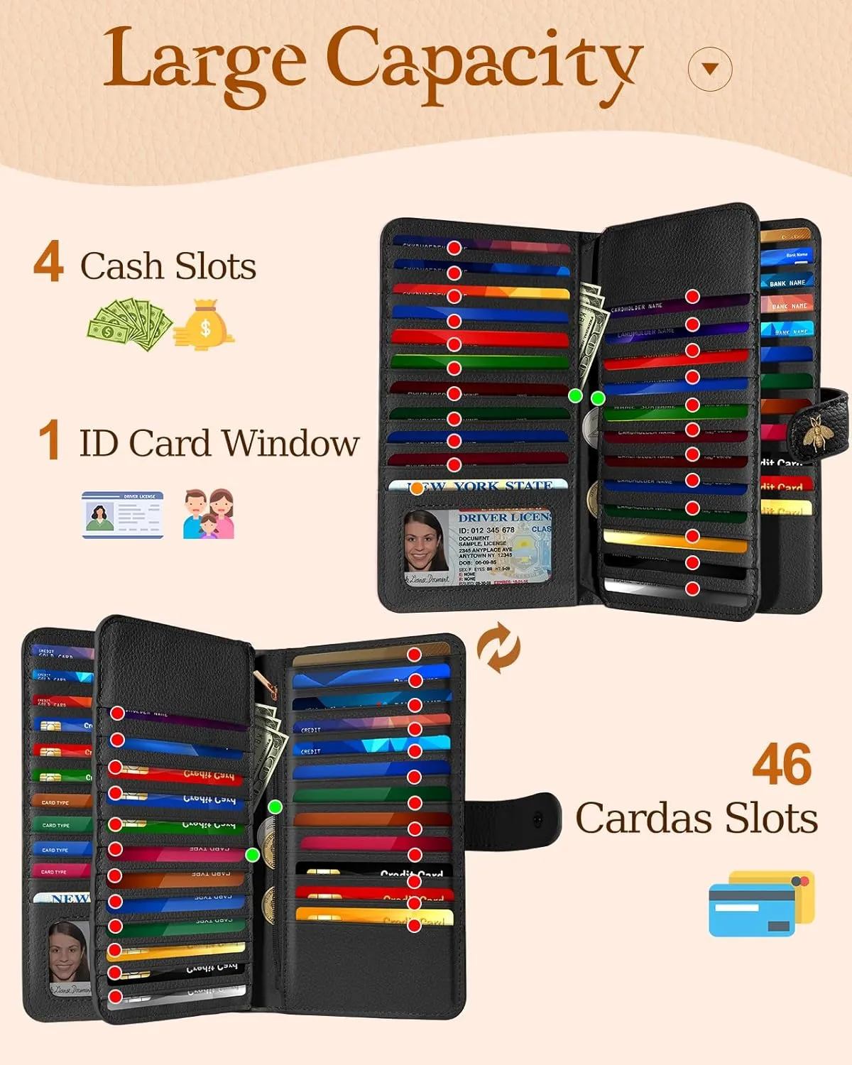 Bistup 【46 Slots Credit Card Holder for Women Ladies Female Teen Girls Rfid Genuine Leather Cardholder Large Capacity Size Big Billfold Wallets Black Bee Cute Girly Aesthetic Print Unique