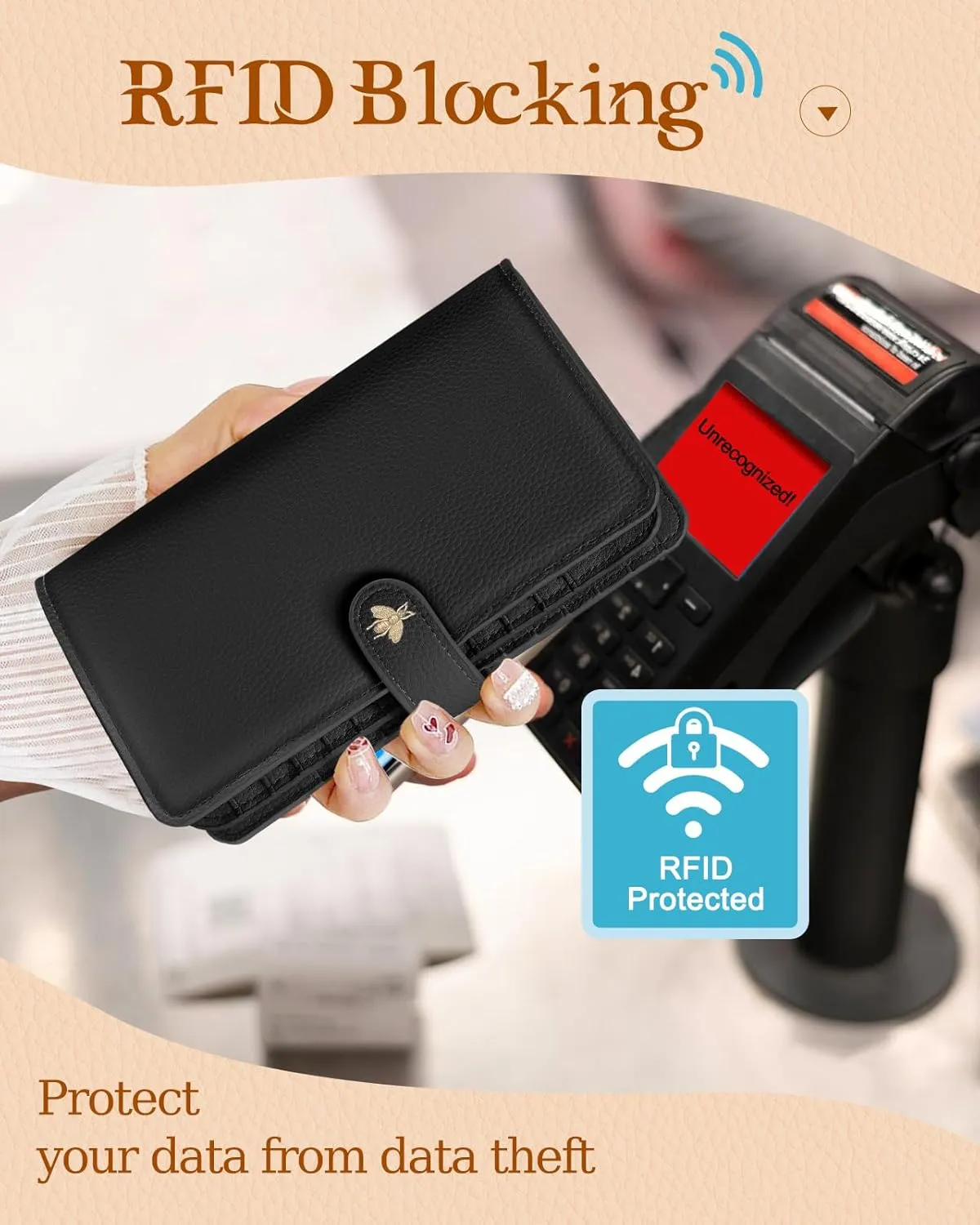 Bistup 【46 Slots Credit Card Holder for Women Ladies Female Teen Girls Rfid Genuine Leather Cardholder Large Capacity Size Big Billfold Wallets Black Bee Cute Girly Aesthetic Print Unique