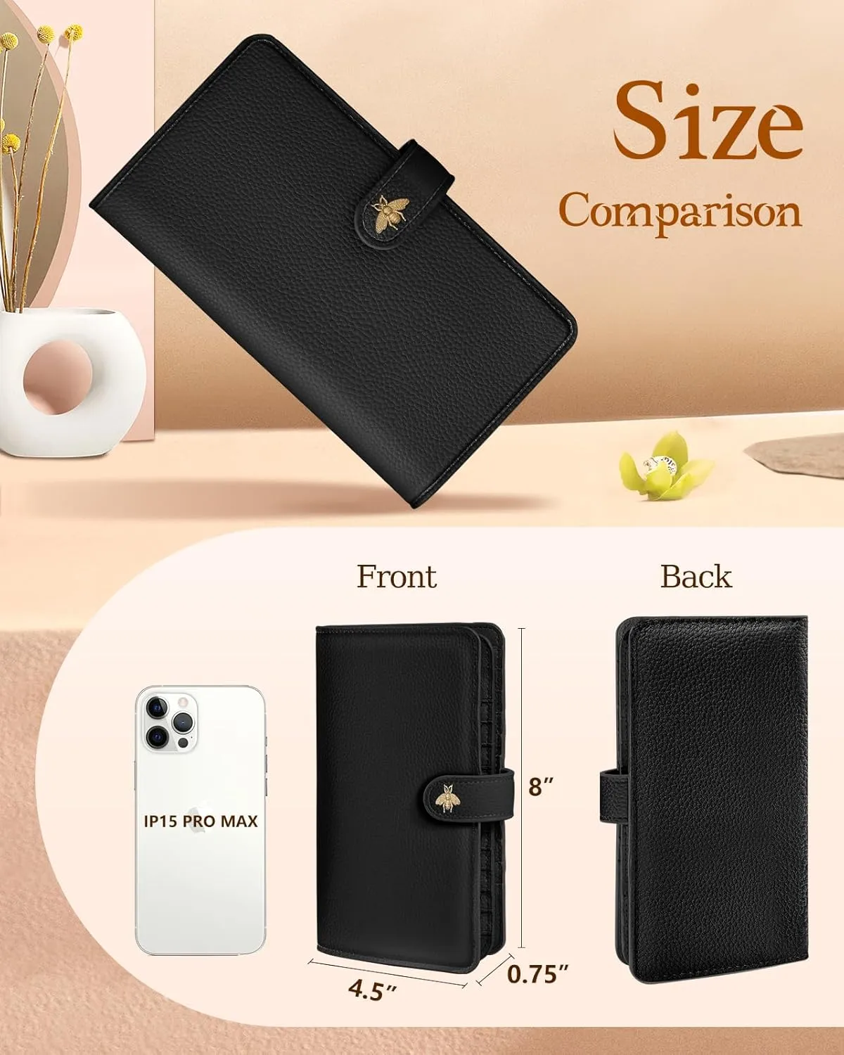 Bistup 【46 Slots Credit Card Holder for Women Ladies Female Teen Girls Rfid Genuine Leather Cardholder Large Capacity Size Big Billfold Wallets Black Bee Cute Girly Aesthetic Print Unique