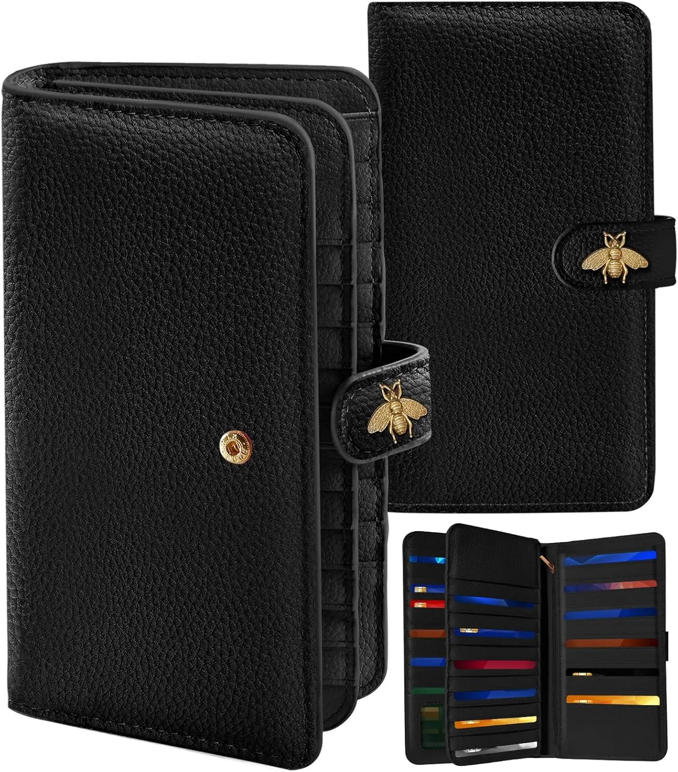 Bistup 【46 Slots Credit Card Holder for Women Ladies Female Teen Girls Rfid Genuine Leather Cardholder Large Capacity Size Big Billfold Wallets Black Bee Cute Girly Aesthetic Print Unique