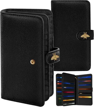 Bistup 【46 Slots Credit Card Holder for Women Ladies Female Teen Girls Rfid Genuine Leather Cardholder Large Capacity Size Big Billfold Wallets Black Bee Cute Girly Aesthetic Print Unique