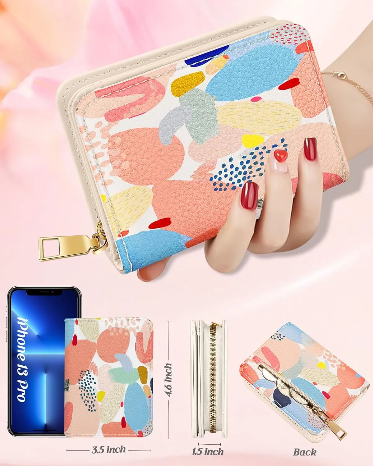 Bistup Credit Card Holder Wallet for Women Cute Leather Ladies Teen Girls Female Cardholder Wallets Accordion Purse Small Medium Aesthetic Print Abstract Unique Modern Design Rfid Zipper Around