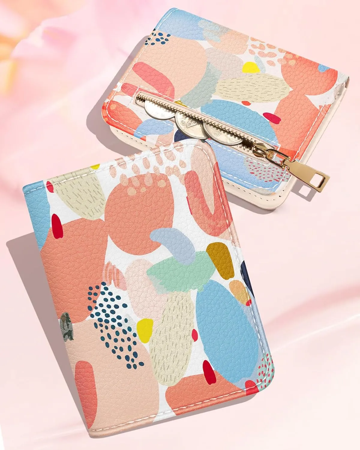 Bistup Credit Card Holder Wallet for Women Cute Leather Ladies Teen Girls Female Cardholder Wallets Accordion Purse Small Medium Aesthetic Print Abstract Unique Modern Design Rfid Zipper Around