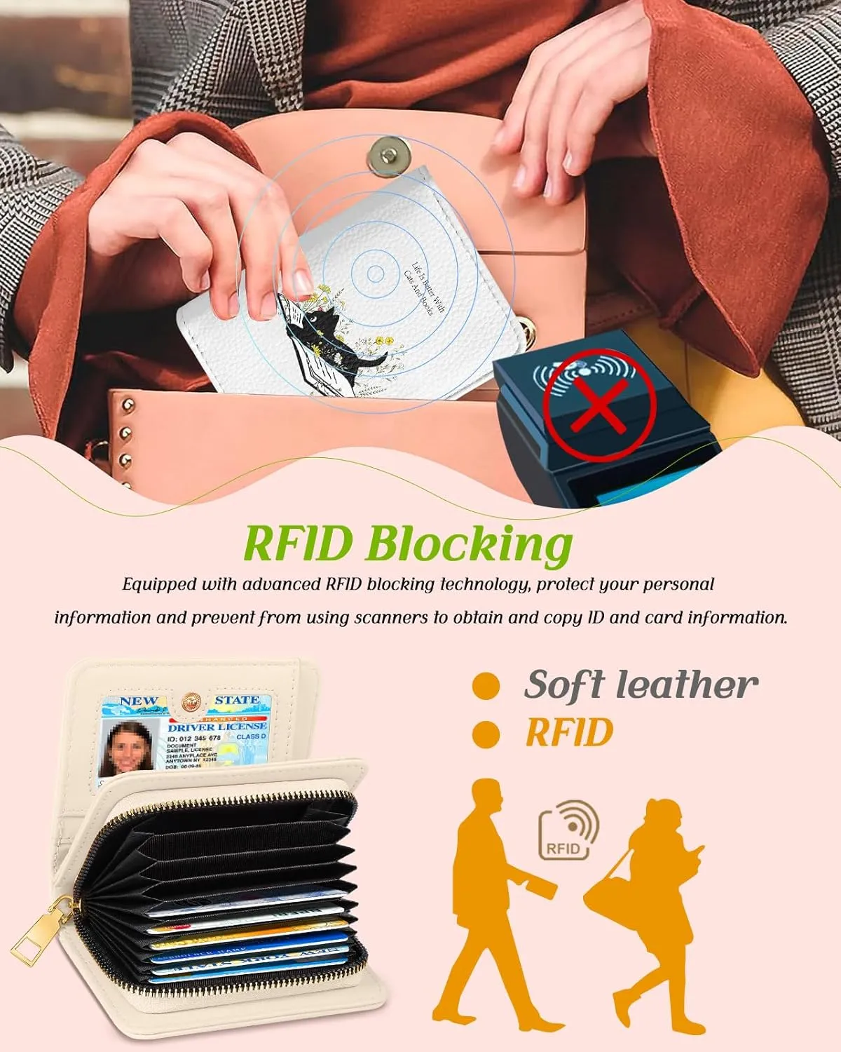 Bistup Credit Card Holder Wallet for Women - Cute Leather Ladies Teen Girls Female Cardholder Wallets Accordion Purse Small Medium Aesthetic Print Cat Unique Modern Rfid Zipper Around