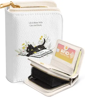 Bistup Credit Card Holder Wallet for Women - Cute Leather Ladies Teen Girls Female Cardholder Wallets Accordion Purse Small Medium Aesthetic Print Cat Unique Modern Rfid Zipper Around