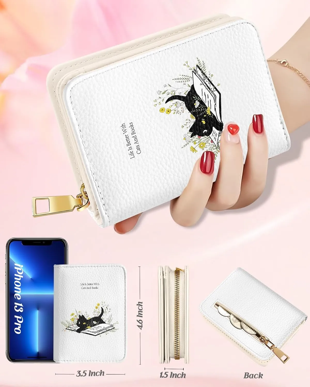 Bistup Credit Card Holder Wallet for Women - Cute Leather Ladies Teen Girls Female Cardholder Wallets Accordion Purse Small Medium Aesthetic Print Cat Unique Modern Rfid Zipper Around