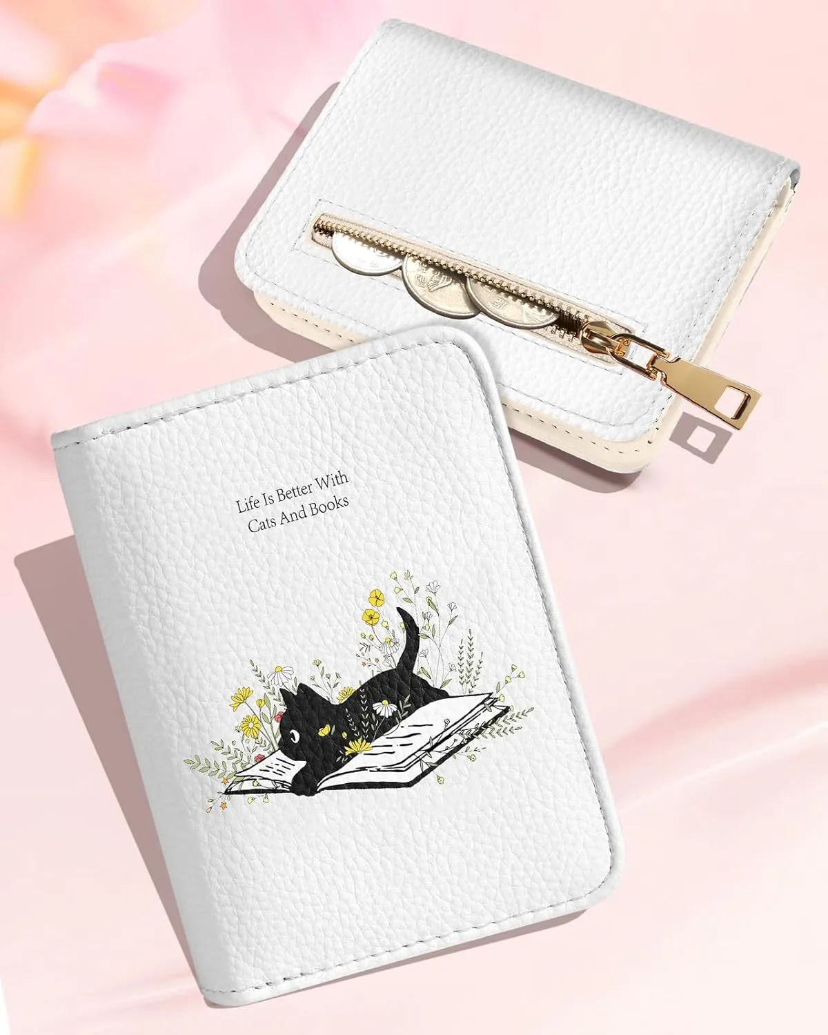 Bistup Credit Card Holder Wallet for Women - Cute Leather Ladies Teen Girls Female Cardholder Wallets Accordion Purse Small Medium Aesthetic Print Cat Unique Modern Rfid Zipper Around