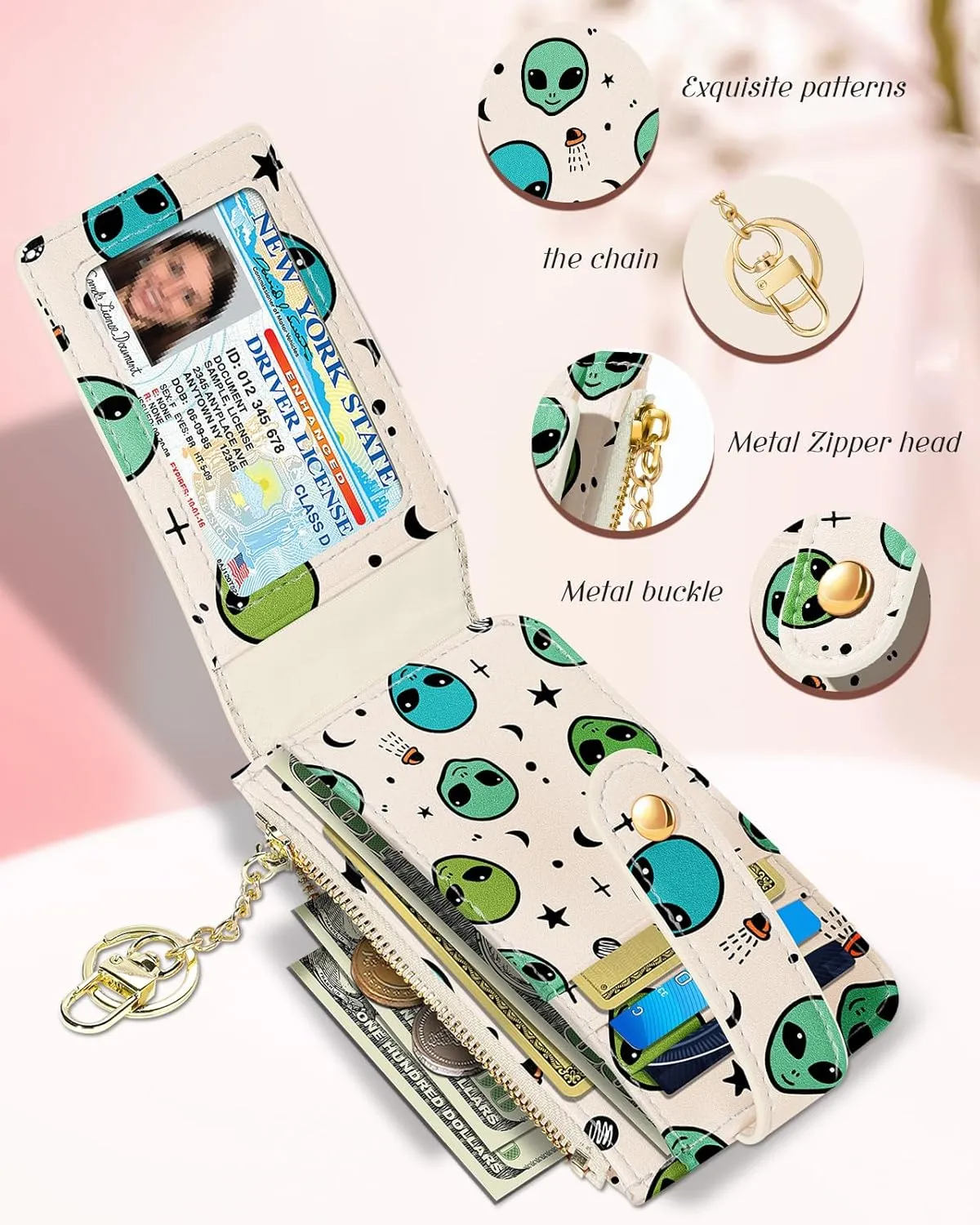 Bistup Credit Card Holder Wallet for Women Cute Small for Ladies Teen Girls Female Rfid Alien Leather Cardholder Wallets Organizer Purse Girly Aesthetic Print Unique Zipper