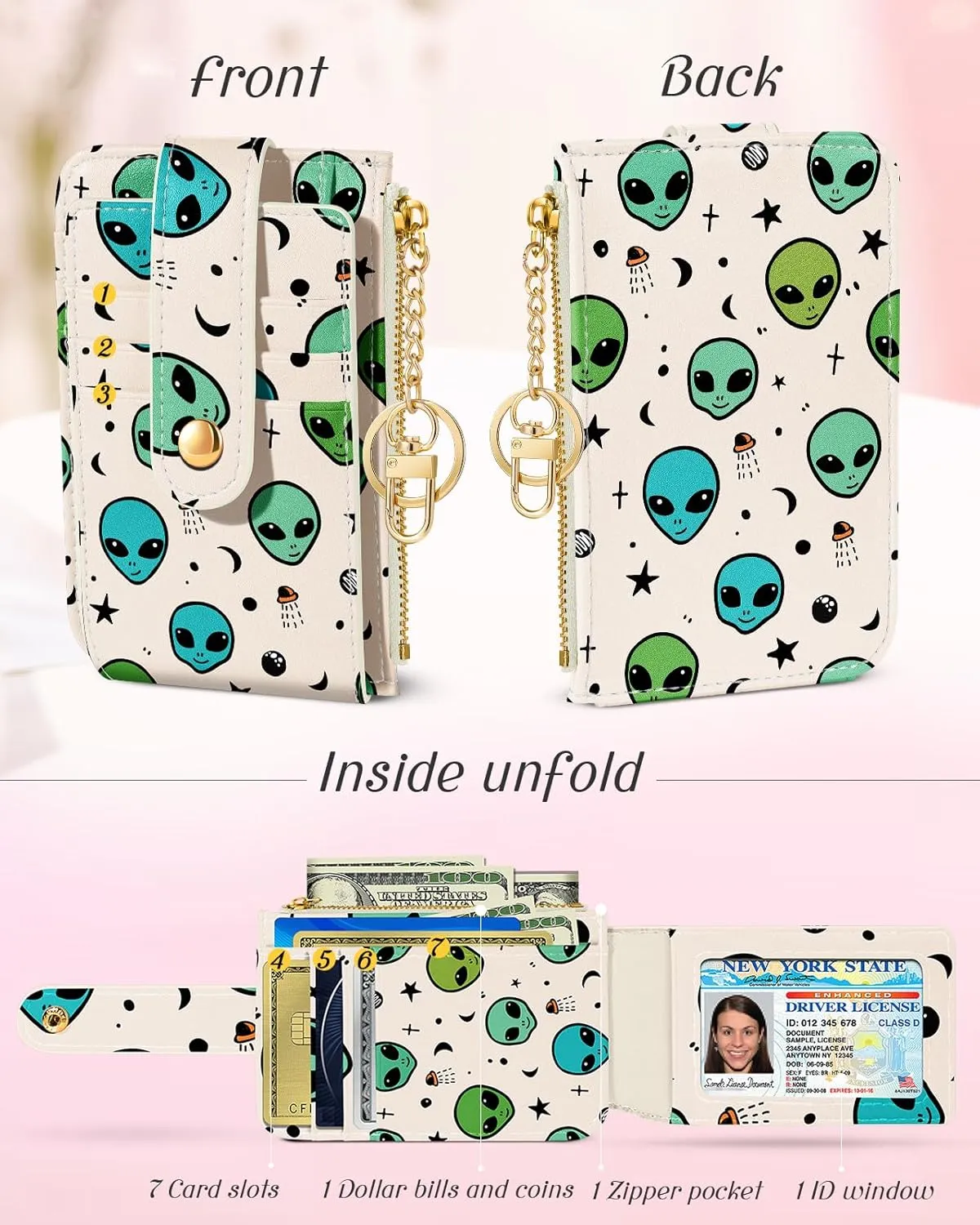 Bistup Credit Card Holder Wallet for Women Cute Small for Ladies Teen Girls Female Rfid Alien Leather Cardholder Wallets Organizer Purse Girly Aesthetic Print Unique Zipper