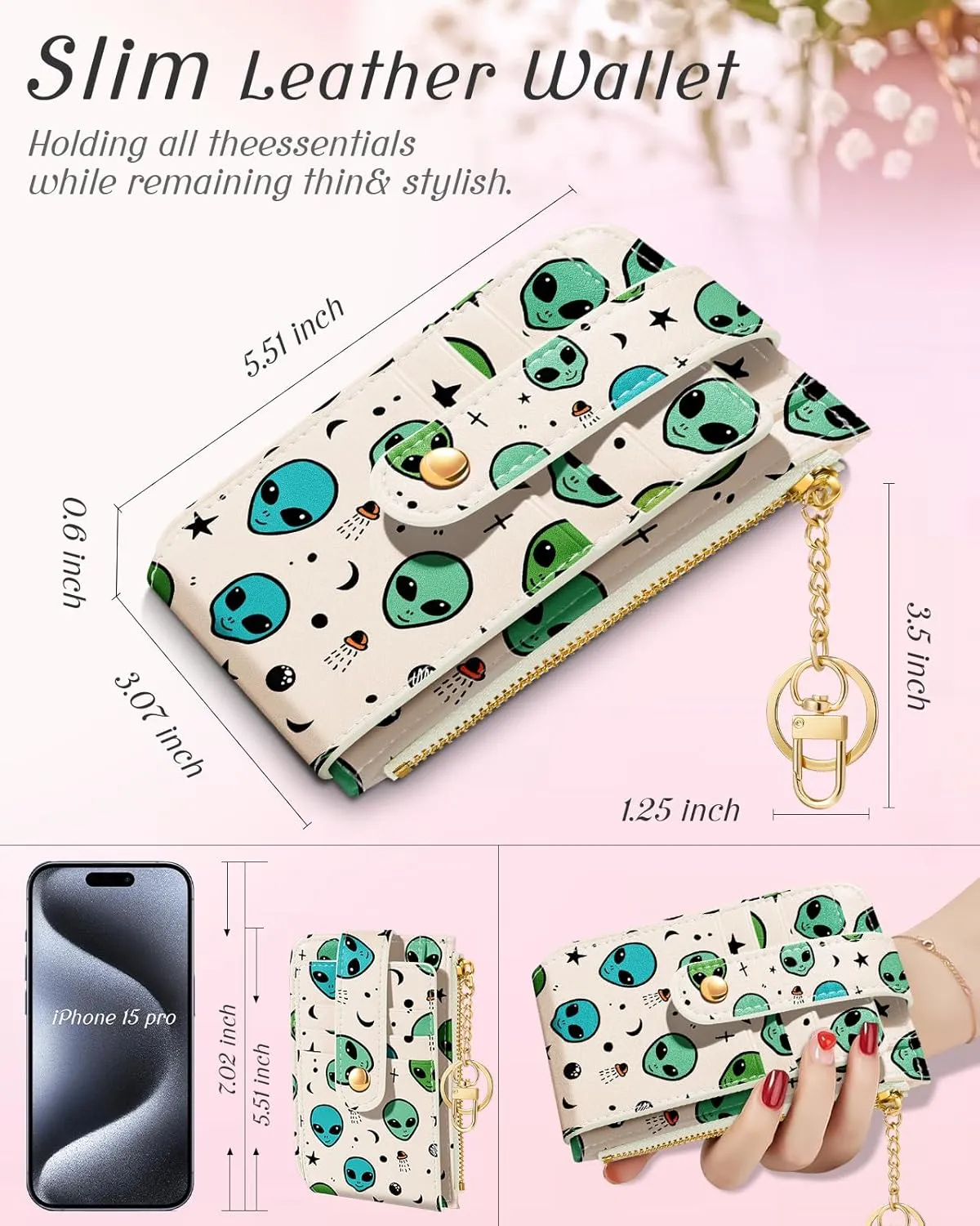 Bistup Credit Card Holder Wallet for Women Cute Small for Ladies Teen Girls Female Rfid Alien Leather Cardholder Wallets Organizer Purse Girly Aesthetic Print Unique Zipper