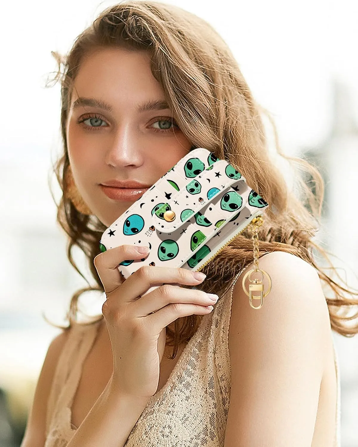 Bistup Credit Card Holder Wallet for Women Cute Small for Ladies Teen Girls Female Rfid Alien Leather Cardholder Wallets Organizer Purse Girly Aesthetic Print Unique Zipper