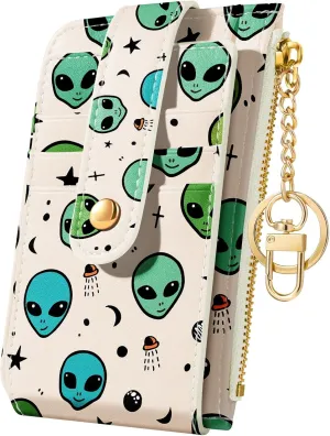 Bistup Credit Card Holder Wallet for Women Cute Small for Ladies Teen Girls Female Rfid Alien Leather Cardholder Wallets Organizer Purse Girly Aesthetic Print Unique Zipper