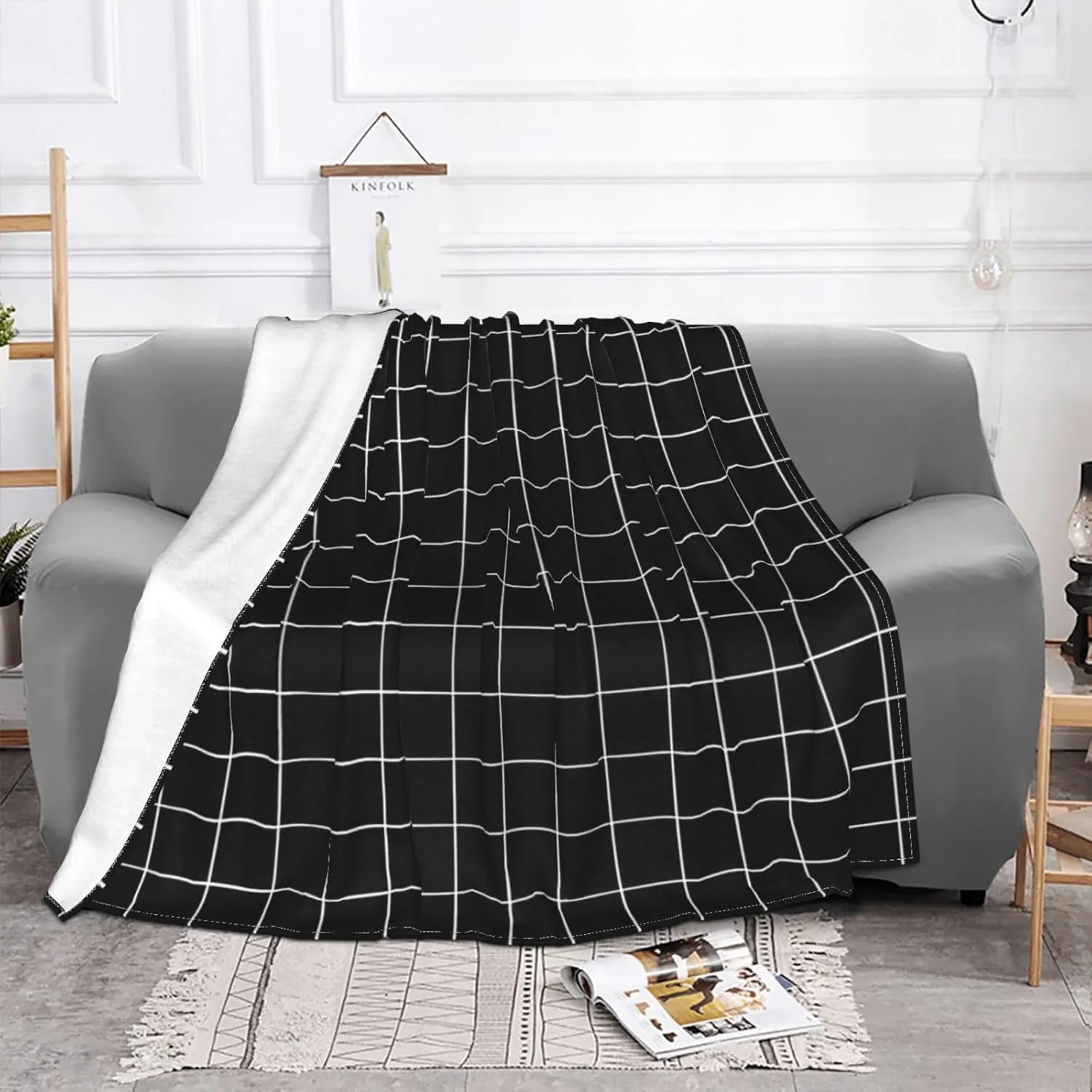 Black Grid 60"X50" Flannel Blanket - 100% Soft Polyester, Lightweight and Warm, Suitable for Families, Camping, Travel