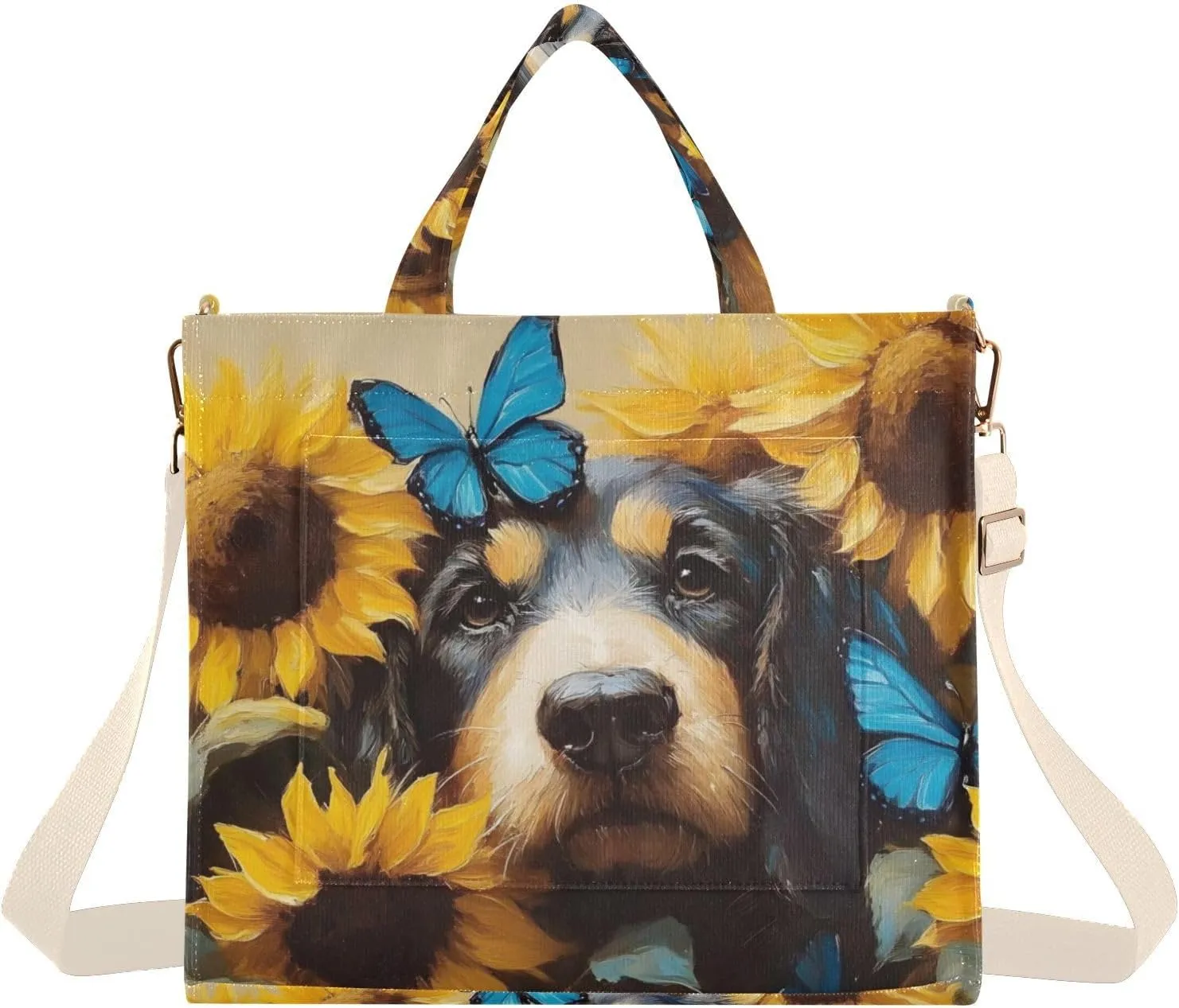 Bloodhound Dog Sunflower Corduroy Tote Bag for Women Large Shoulder Bag with Pockets for Beach Work Travel Shopping S