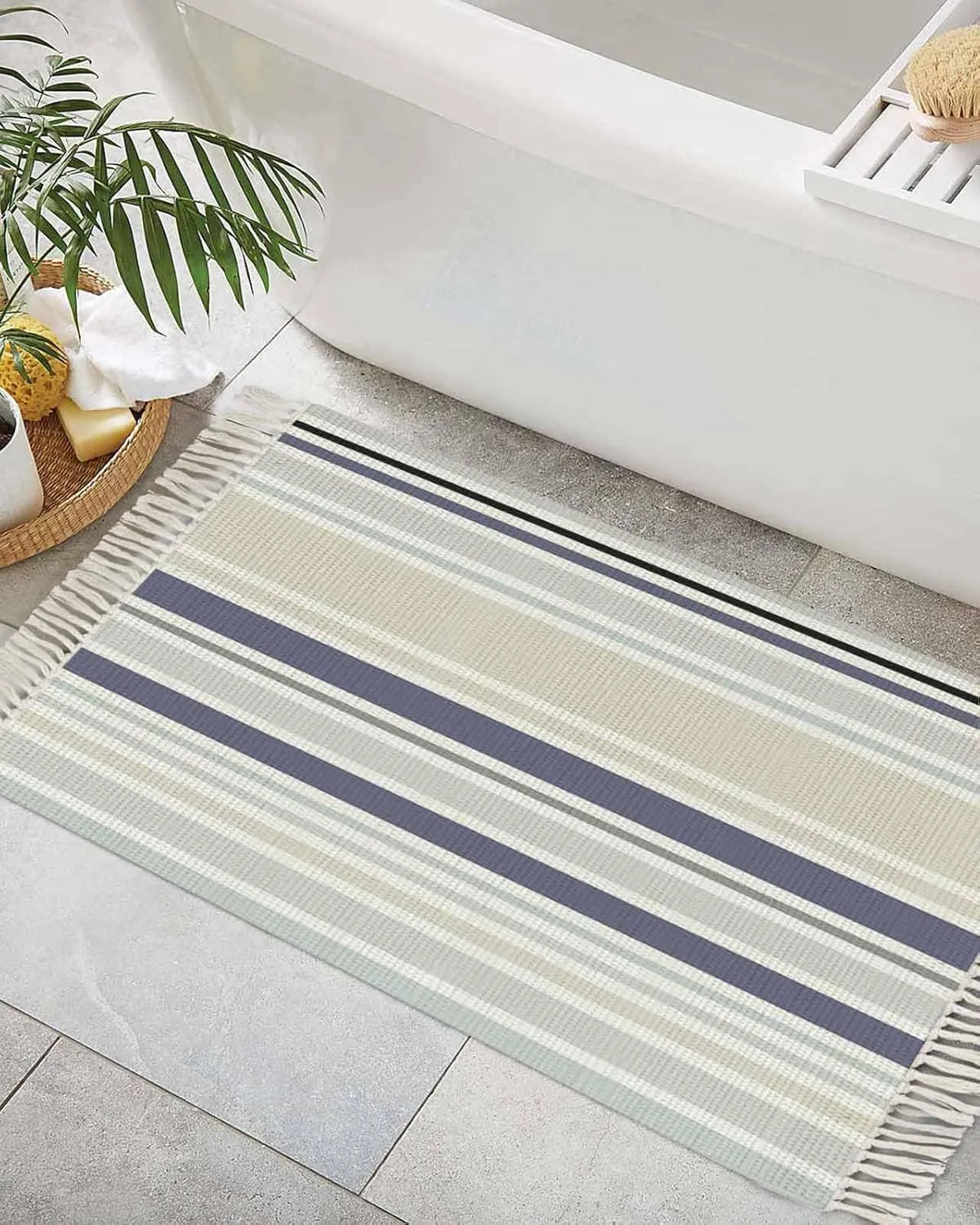 Blue Beige White Entryway Rug 2X3 Ft Bathroom Mat, Washable Woven Throw Carpet with Tassel, Modern Farmhouse Colorful Stripes Non-Shedding Indoor Outdoor Kitchen Doormats