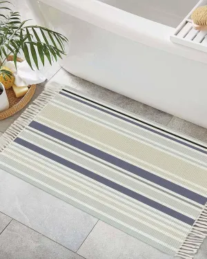 Blue Beige White Entryway Rug 2X3 Ft Bathroom Mat, Washable Woven Throw Carpet with Tassel, Modern Farmhouse Colorful Stripes Non-Shedding Indoor Outdoor Kitchen Doormats
