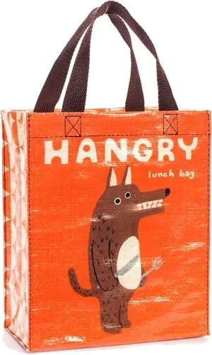 Blue Q Handy Tote ~ Hangry. Reusable lunch sack, little gift bag, sturdy and easy to clean, made from 95% recycled material, 10"h x 8.5"w x 4.5"d