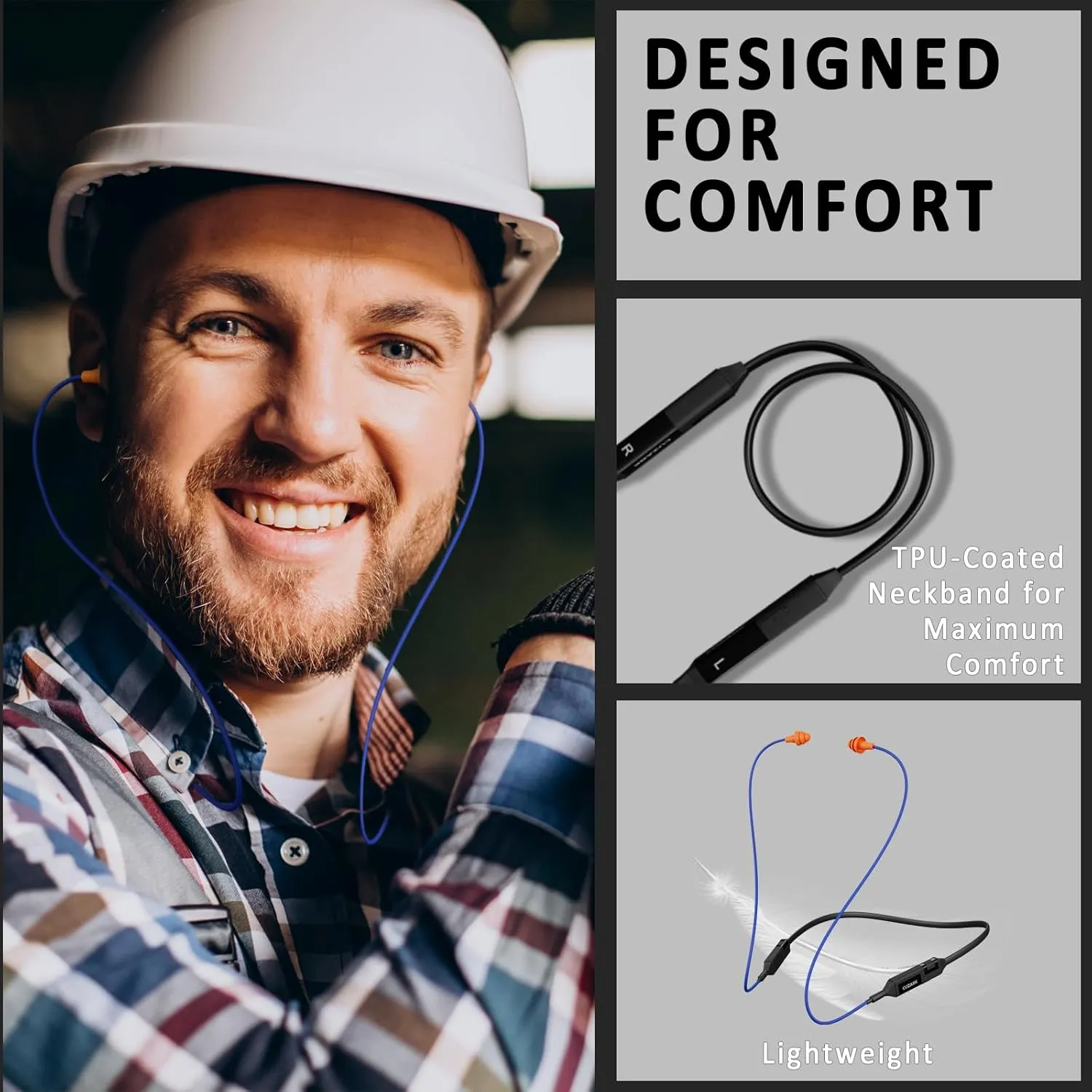 Bluetooth Earplug Headphones for Work, Neckband Wireless Ear Plugs Earbuds, 29 dB Noise Reduction Ear Protection with Replacement Ear Tips, 30 Hour Battery, OSHA Compliant for Industrial Safety