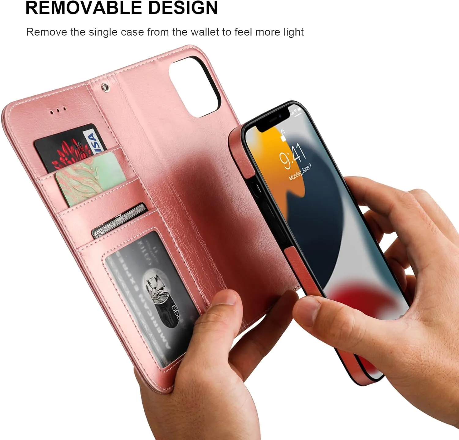Bocasal for iPhone 13 Wallet Case Compatible with MagSafe Wireless Charging, RFID Blocking Magnetic Leather Case with Card Slots Holder Kickstand Detachable Wrist Strap 6.1 Inch (Rose Gold)