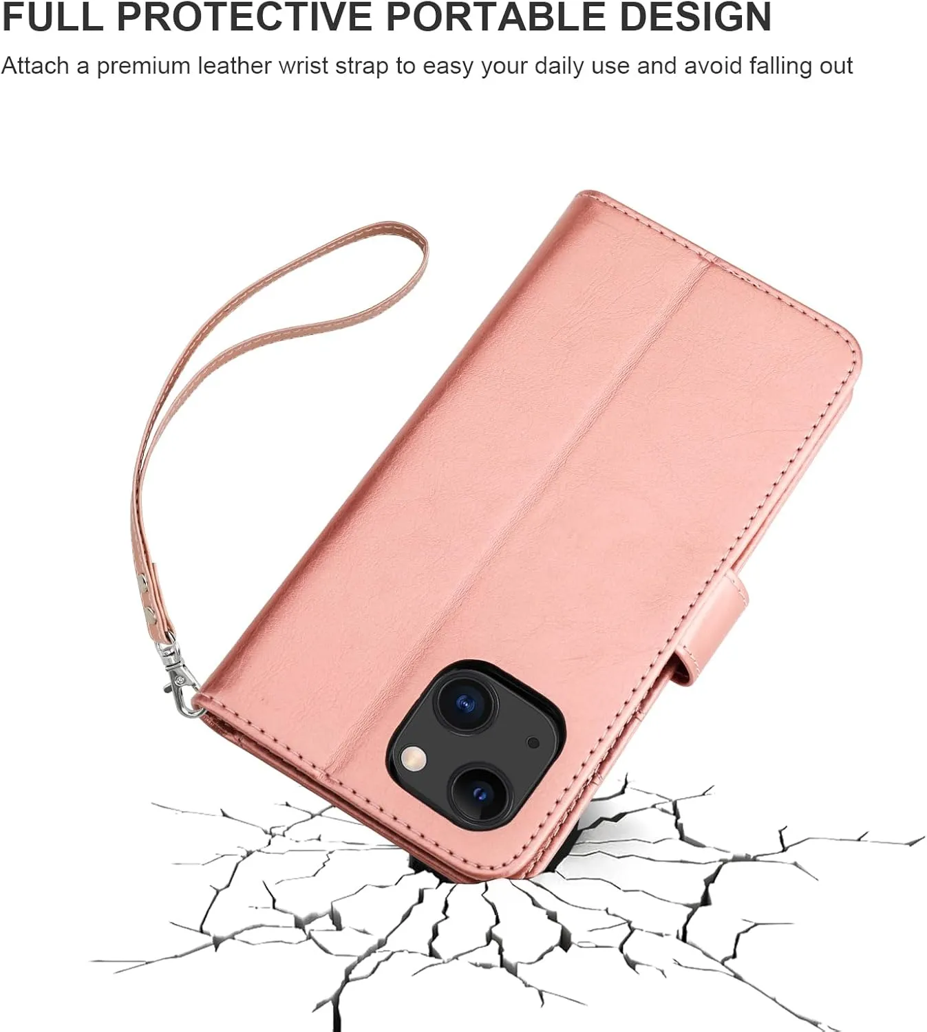 Bocasal for iPhone 13 Wallet Case Compatible with MagSafe Wireless Charging, RFID Blocking Magnetic Leather Case with Card Slots Holder Kickstand Detachable Wrist Strap 6.1 Inch (Rose Gold)