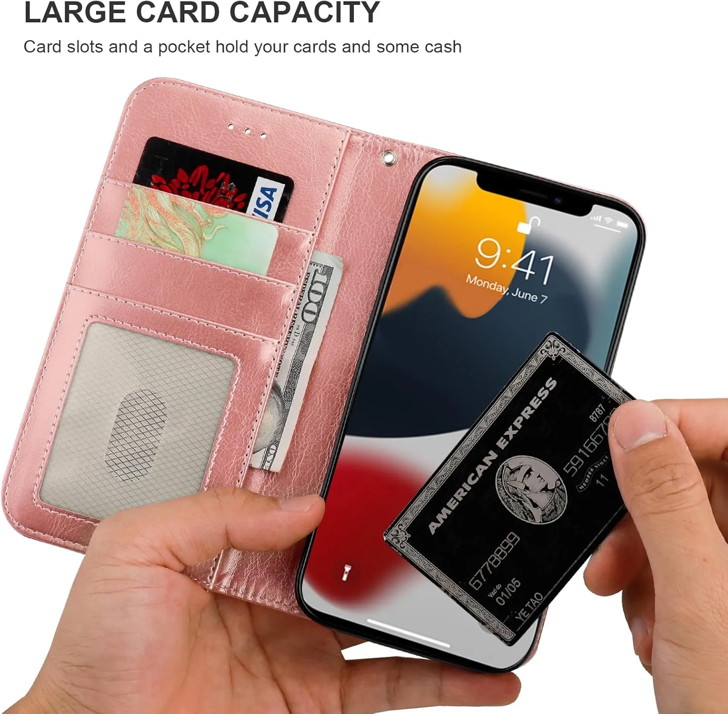 Bocasal for iPhone 13 Wallet Case Compatible with MagSafe Wireless Charging, RFID Blocking Magnetic Leather Case with Card Slots Holder Kickstand Detachable Wrist Strap 6.1 Inch (Rose Gold)