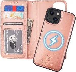 Bocasal for iPhone 13 Wallet Case Compatible with MagSafe Wireless Charging, RFID Blocking Magnetic Leather Case with Card Slots Holder Kickstand Detachable Wrist Strap 6.1 Inch (Rose Gold)