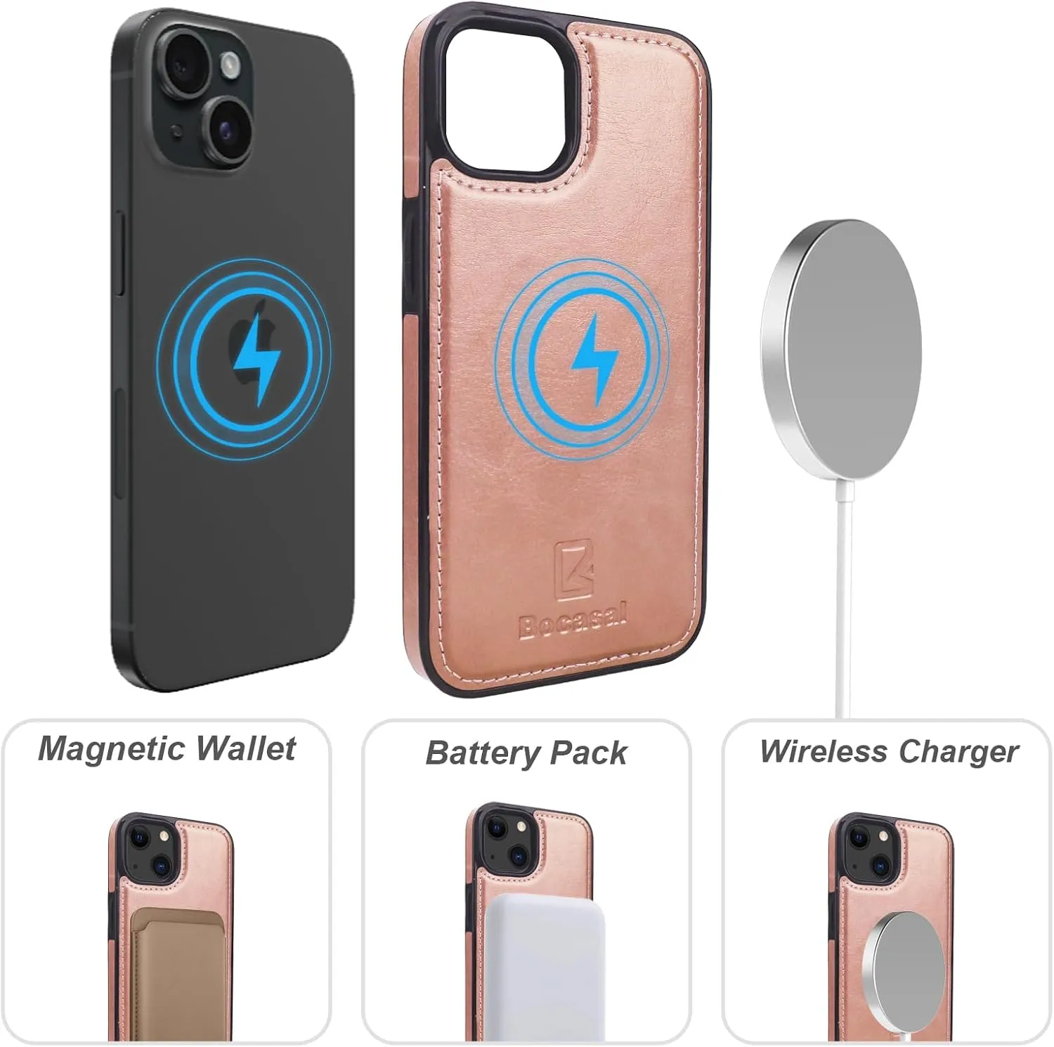 Bocasal for iPhone 13 Wallet Case Compatible with MagSafe Wireless Charging, RFID Blocking Magnetic Leather Case with Card Slots Holder Kickstand Detachable Wrist Strap 6.1 Inch (Rose Gold)